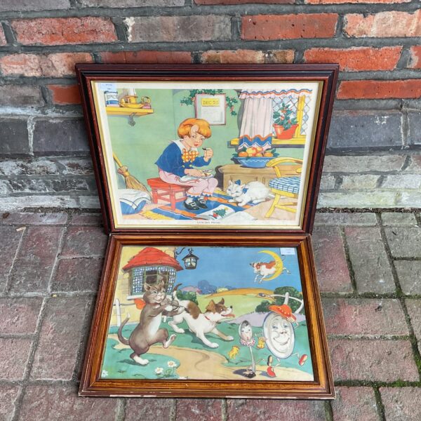 Vintage "Hay Diddle Diddle" nursery rhyme print, colourful illustration.