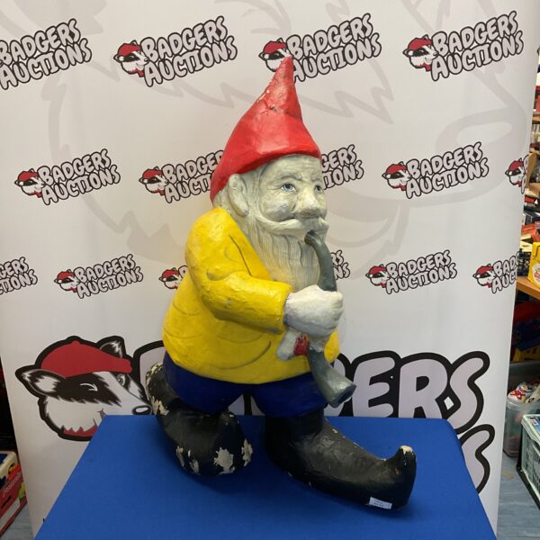 Large vintage papier mache gnome standing approximately 2.5 feet tall.
