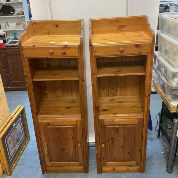 Pair of vintage pine open-fronted cabinets for storage and display.
