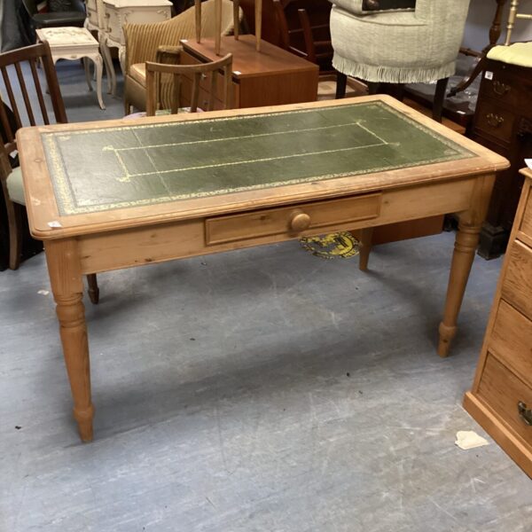 Vintage pine desk with leather top and single drawer.