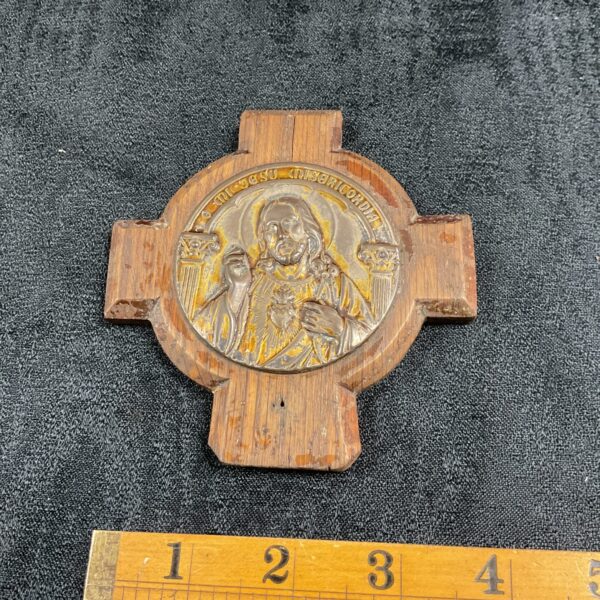 Vintage Sacred Heart of Jesus wooden cross plaque.