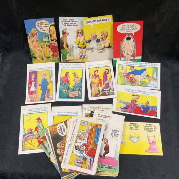 Lot of vintage seaside postcards with humorous illustrations.