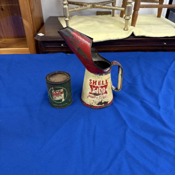 Vintage Shell X-100 oil can with Castrol grease tin, collectible petroliana.