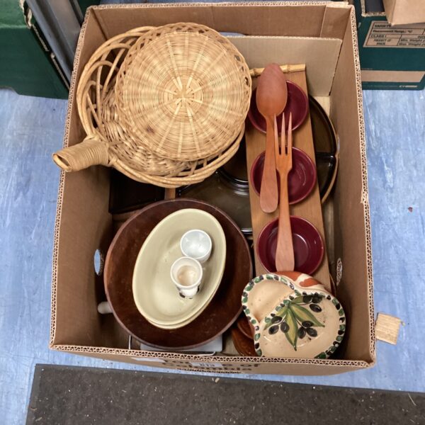 Vintage tableware lot with ceramic dishes and wooden Lazy Susan.