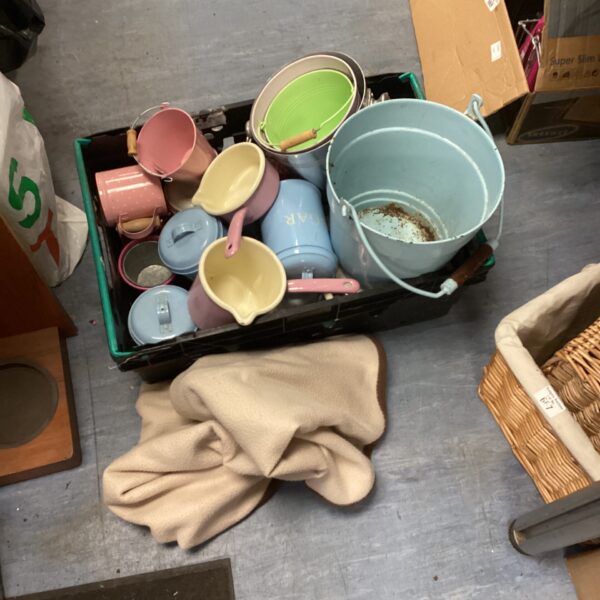Vintage tinned storage jars and buckets in a mixed lot.