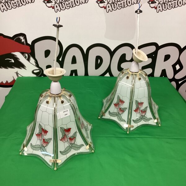 Pair of vintage tulip ceiling lamps with glass shades.