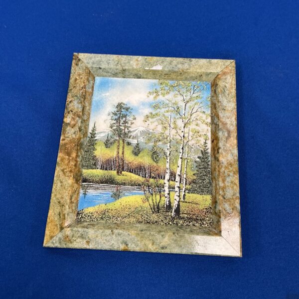 Vintage wall plaque featuring a peaceful woodland scene with birch trees.