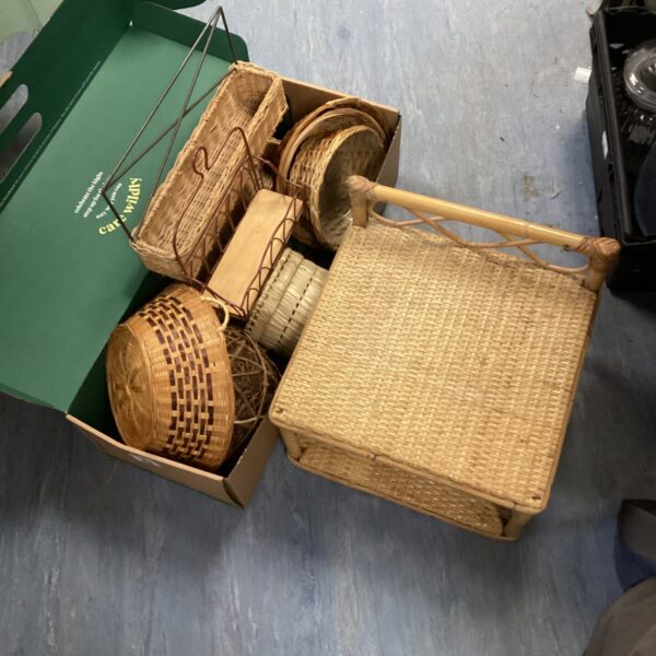 Vintage wicker bundle with bowls and a stall basket.