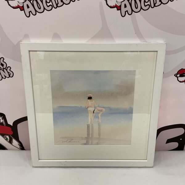 Signed watercolour painting of two girls beachcombing on the beach.