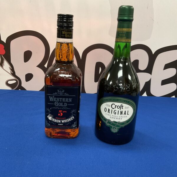 Western Gold bourbon and Croft sherry bottles, collectible alcohol.