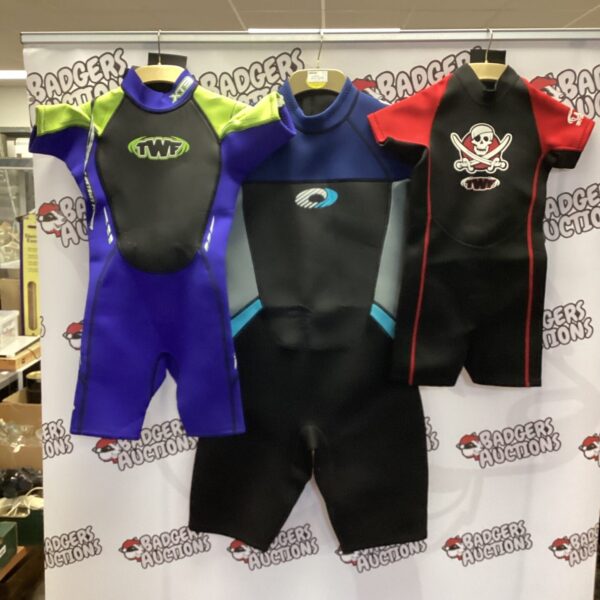 TWF children’s wetsuit in blue, neoprene water sports gear.