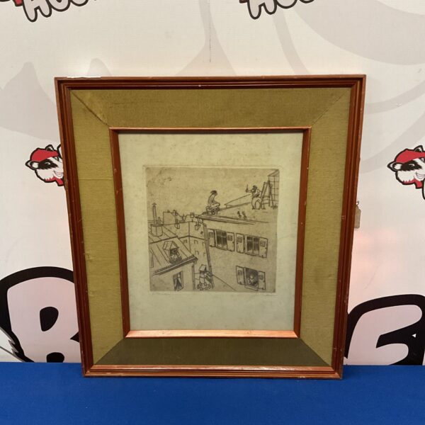 Vintage Willy Halstein etching of artist and model on a rooftop.