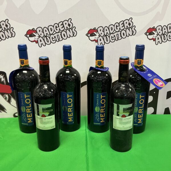 Six bottles of red wine including Grand Sud Merlot and Louis Eschenauer.