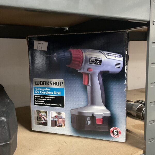 Workshop 12V cordless drill, power tool for DIY projects.