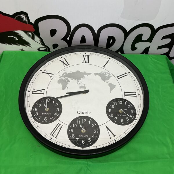 Vintage world time zone wall clock with Roman numerals.
