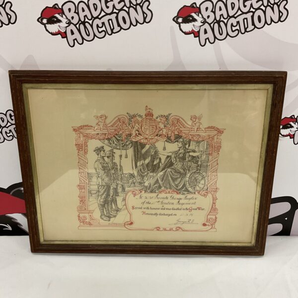 Original World War 1 discharge certificate for Private George R Taylor.