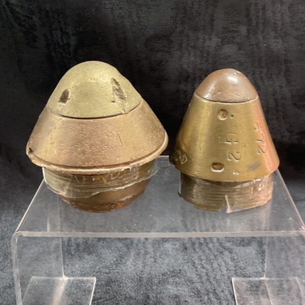 WWI shell fuses recovered from the Somme battlefield, military collectables.