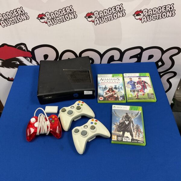 Xbox 360 console bundle with remotes and games displayed.