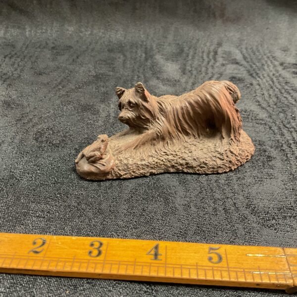 Detailed Yorkshire Terrier and frog resin figurine sculpture.