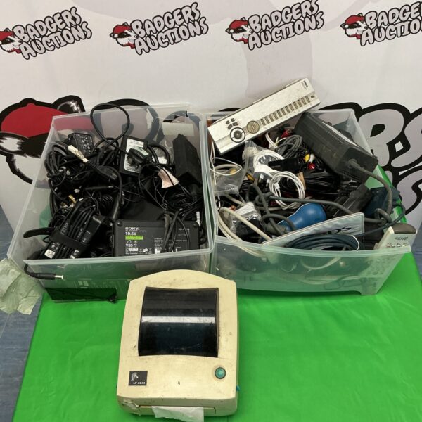 Mixed lot with Zebra thermal printer and gaming accessories.