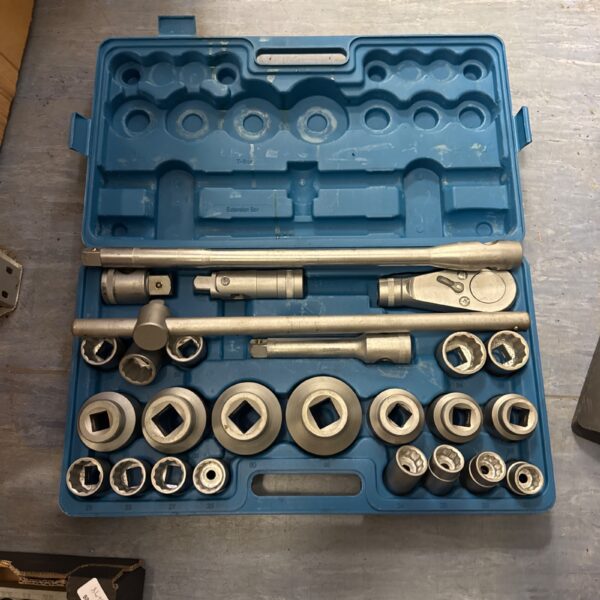 Open 1” drive socket set with various sizes and reducers.