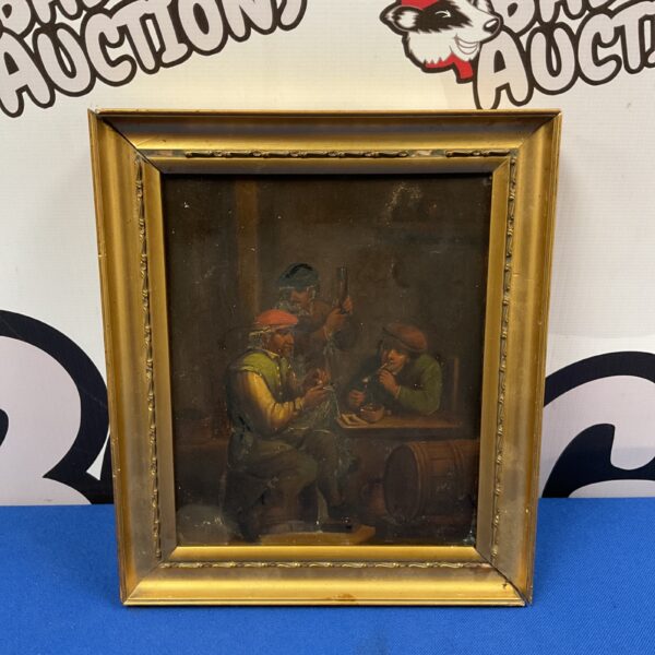 Antique 19th-century oil on tin painting of a tavern scene with three men.