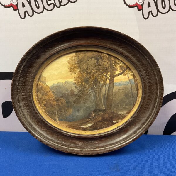 19th-century watercolour painting of a castle landscape with figures and a dog.