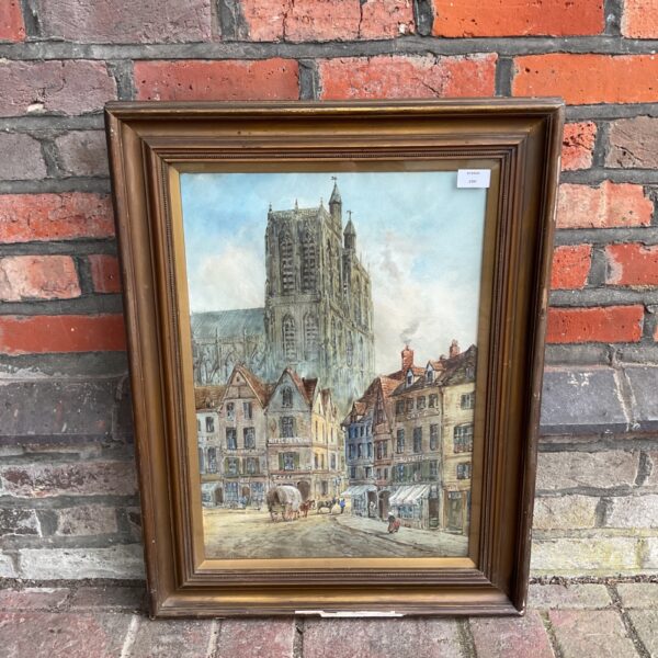 Antique 19th-century watercolour painting of a continental street scene with a cathedral.