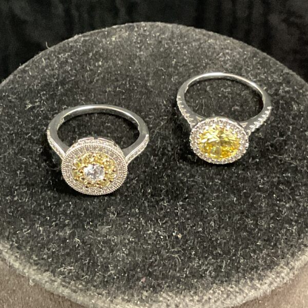 Close-up of a 925 silver ring with a yellow stone.
