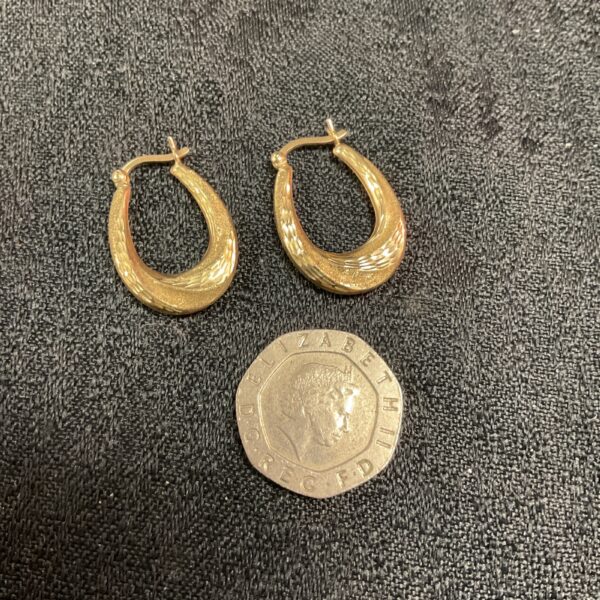 Pair of 9ct yellow gold hoop earrings on a white background.