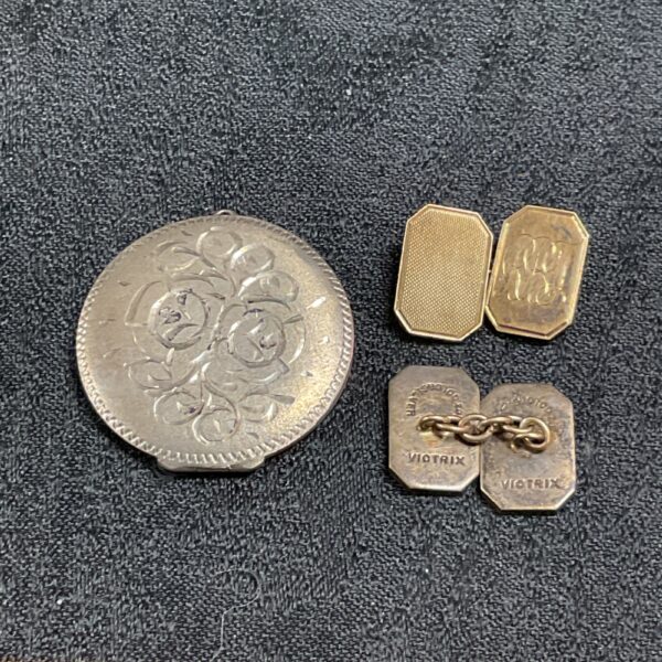 Vintage 9ct gold and silver cufflinks and hallmarked silver locket.