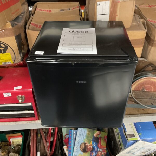 Black Abode table top fridge, model ATTF0E1, for compact cooling.