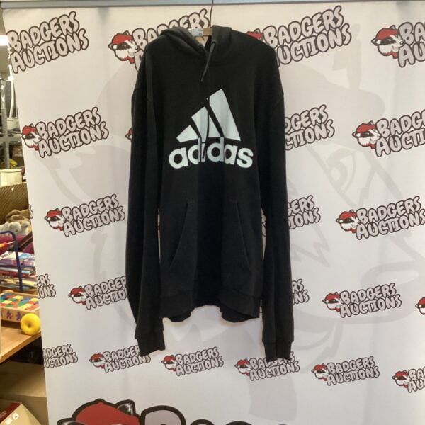 Black Adidas hoodie size L, front view, athletic sportswear.