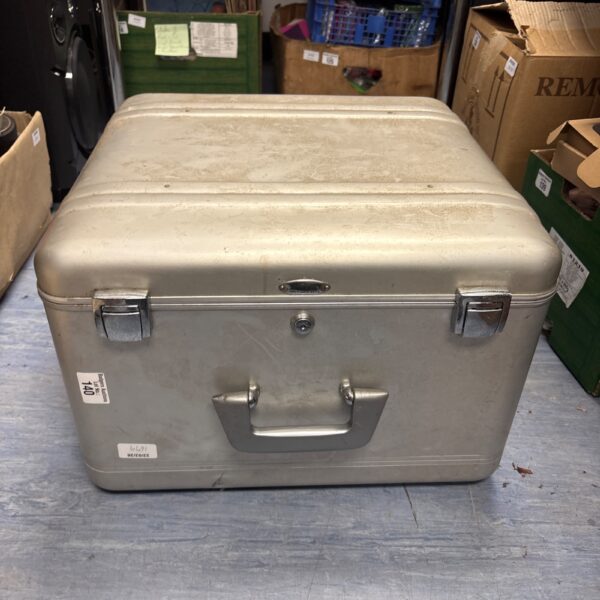 Front view of empty aluminium transit case with locking mechanism.