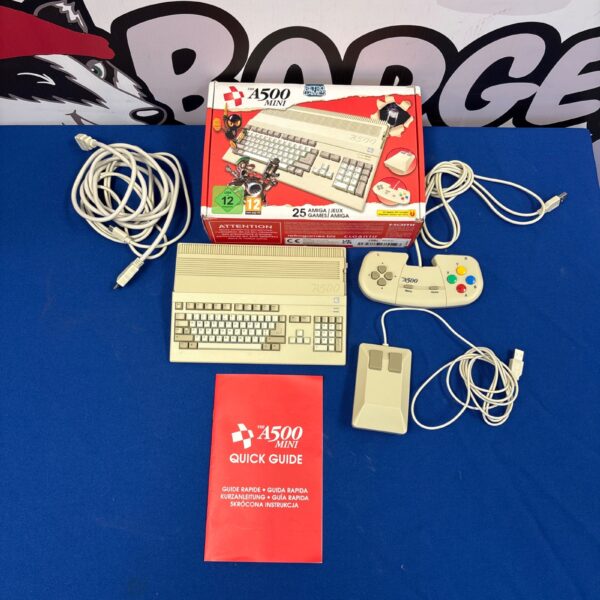 Boxed Amiga Mini console with original packaging and accessories.