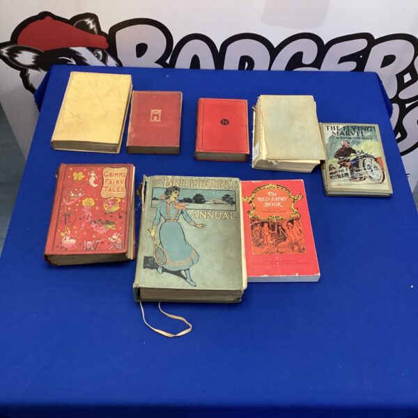 Antique book collection featuring a British Girls Annual and The Flying Marvel.