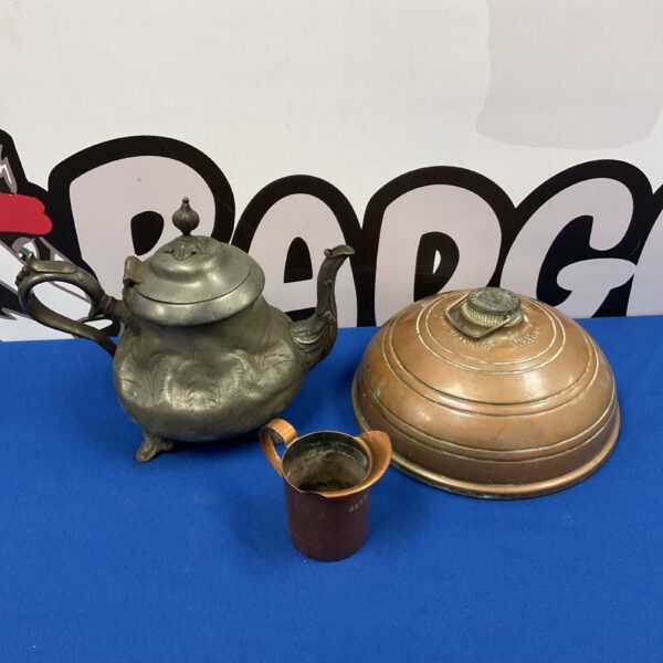 Antique copper and pewter lot including teapot and measure.