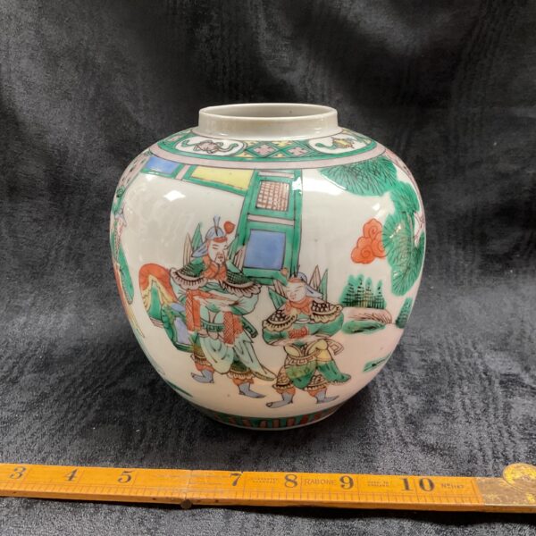 Antique Famile Verte jar with figure scene, Chinese porcelain collectible.