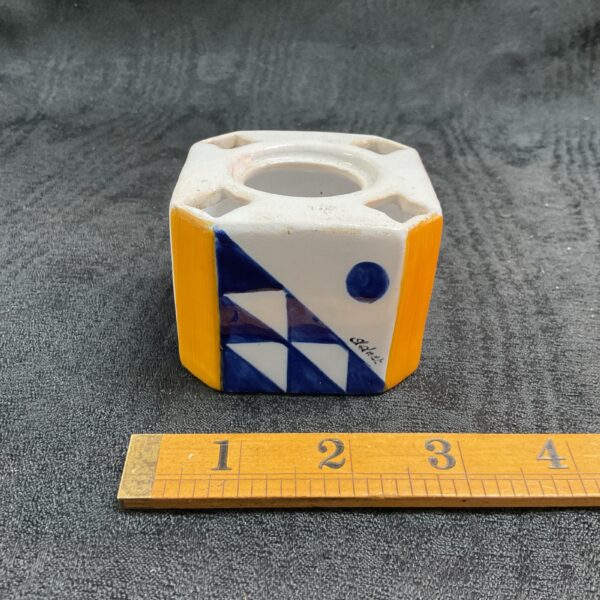 Antique French faience inkwell by J Adnet, 1915, geometric design.