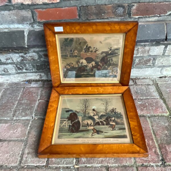 Antique pair of hunt engravings in maple frames, 19th century equestrian art.
