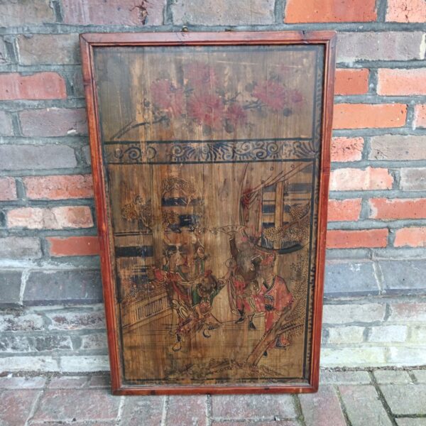 Antique Japanese lacquered panel depicting a historical scene.