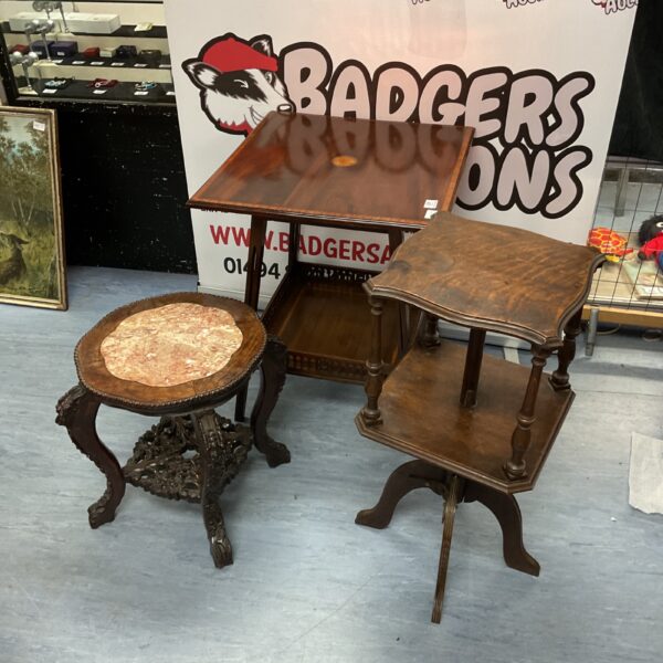 Antique mahogany and oak occasional tables, vintage nesting set.