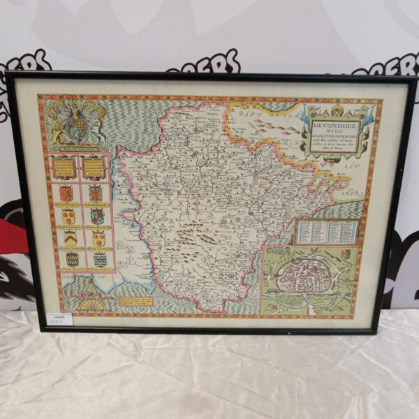 Framed antique reproduction map of Devonshire, detailed historical cartography.