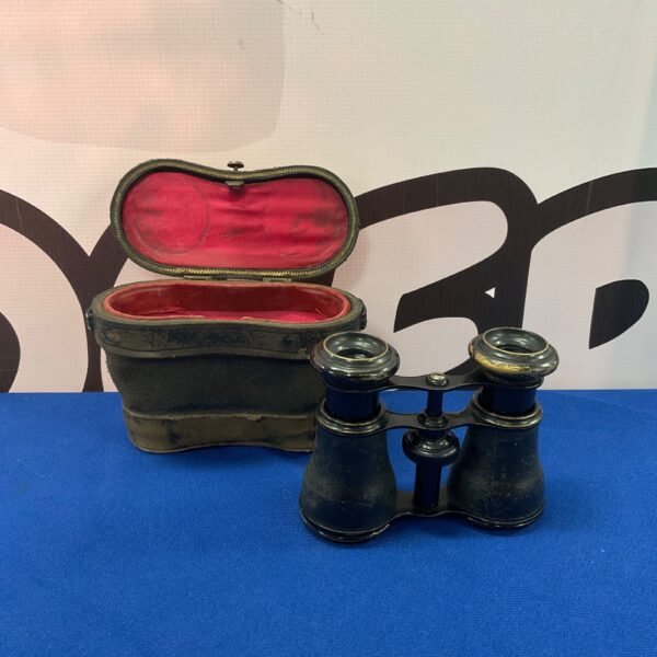 Antique opera glasses in a velvet-lined case, vintage theatre binoculars.