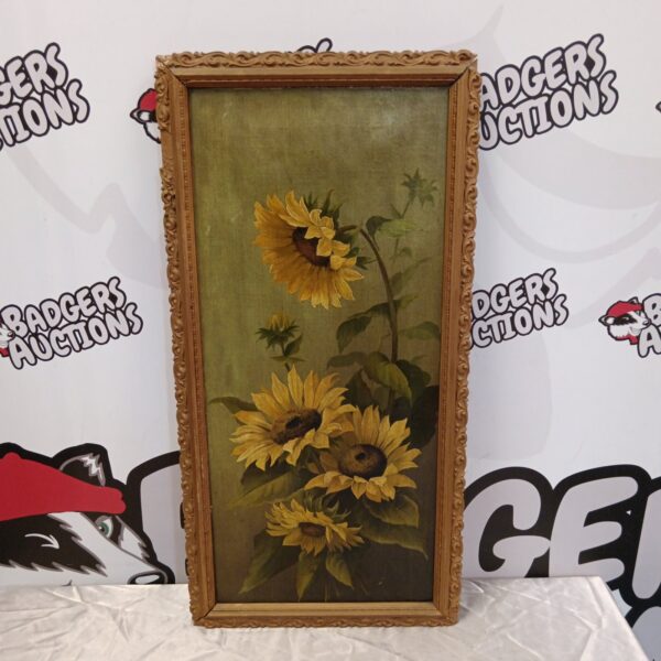 Antique sunflower oil painting with gilt frame, vintage floral art.