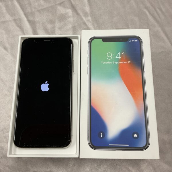 Silver Apple iPhone X 256GB mobile phone in box.