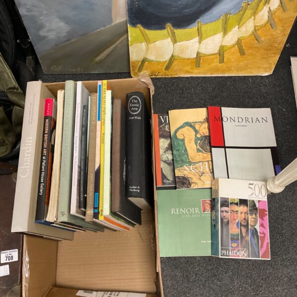Stack of art books including Velasquez, Mondrian, and Renoir titles.