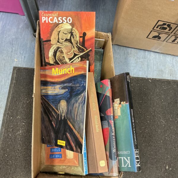 Collection of art books including Picasso's works, ideal for collectors.
