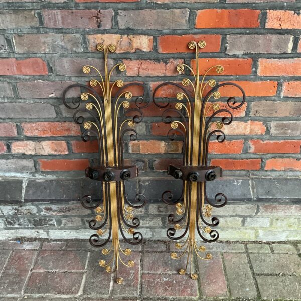 Pair of vintage Art Deco wrought iron wall lights.