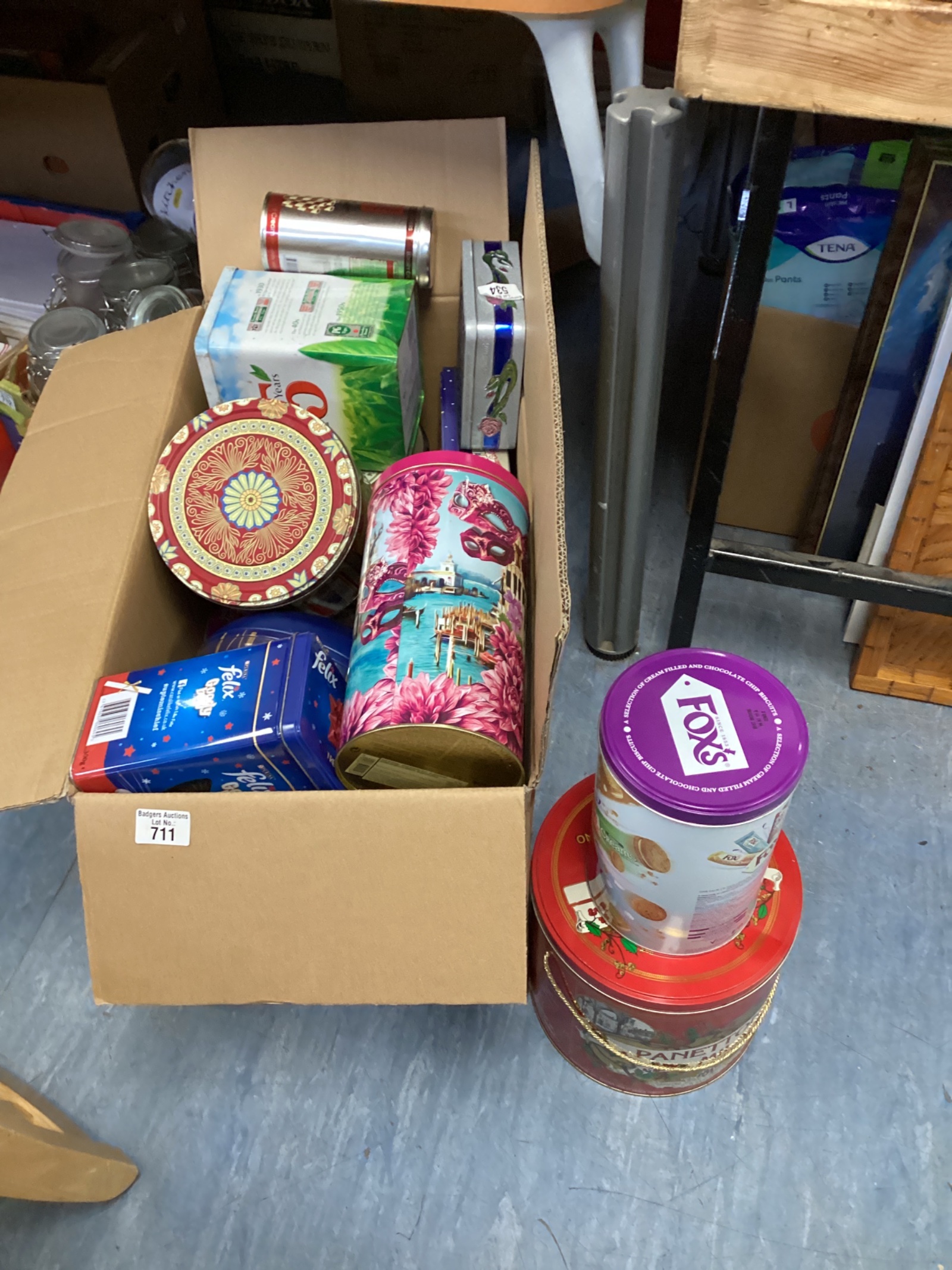 688 Boxof assorted tins inc PG Tips & panettone milano